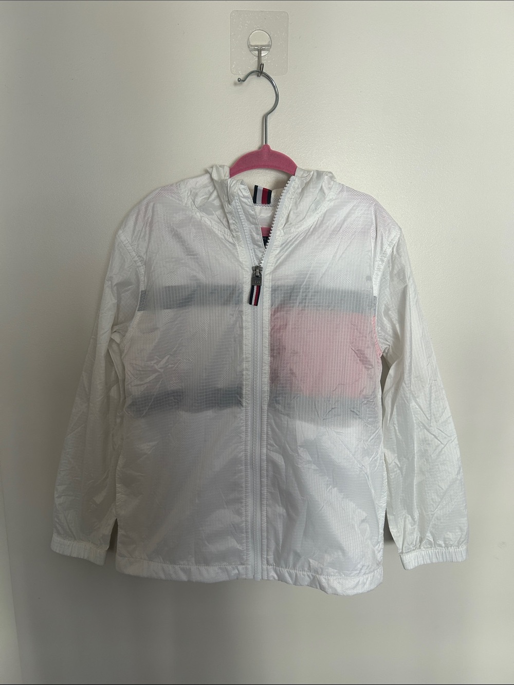 Tommy Hilfiger White Kids Hooded Rain Jacket with Subtle Pink Accent